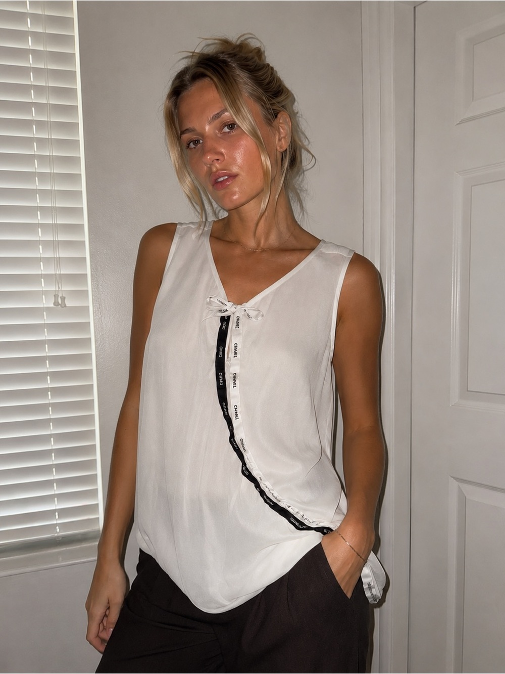 Chanel ribbon Upcycled bow blouse Women's White Sleeveless V-Neck Sm/Med